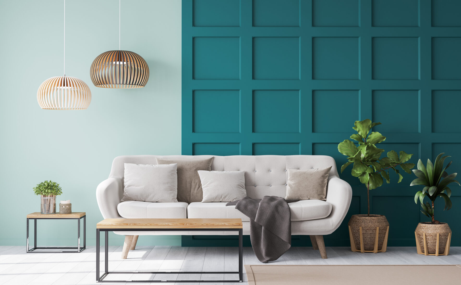 Interior design mock of luxury living room with elegant beige sofa, wood coffee table, lots of plants and wooden rattan stylish accessories. Green wall paneling. Modern home decor. Template