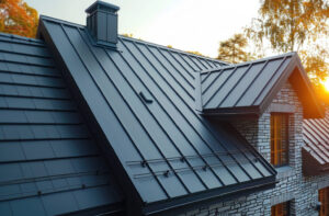 Black metal roof on a gray brick home