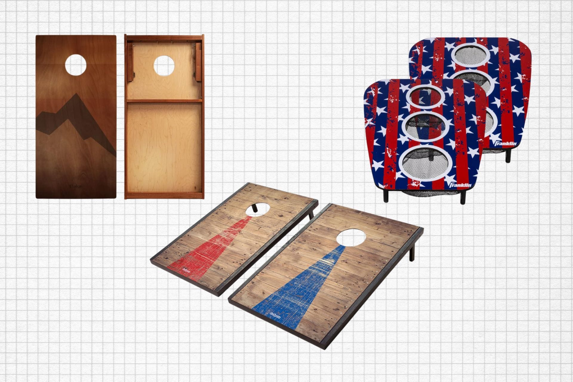 GoSports Classic Cornhole Sets, Retro Woody Series Regulation Cornhole Boards, and Franklin Sports Kids Bean Bag Toss isolated on a grid paper background