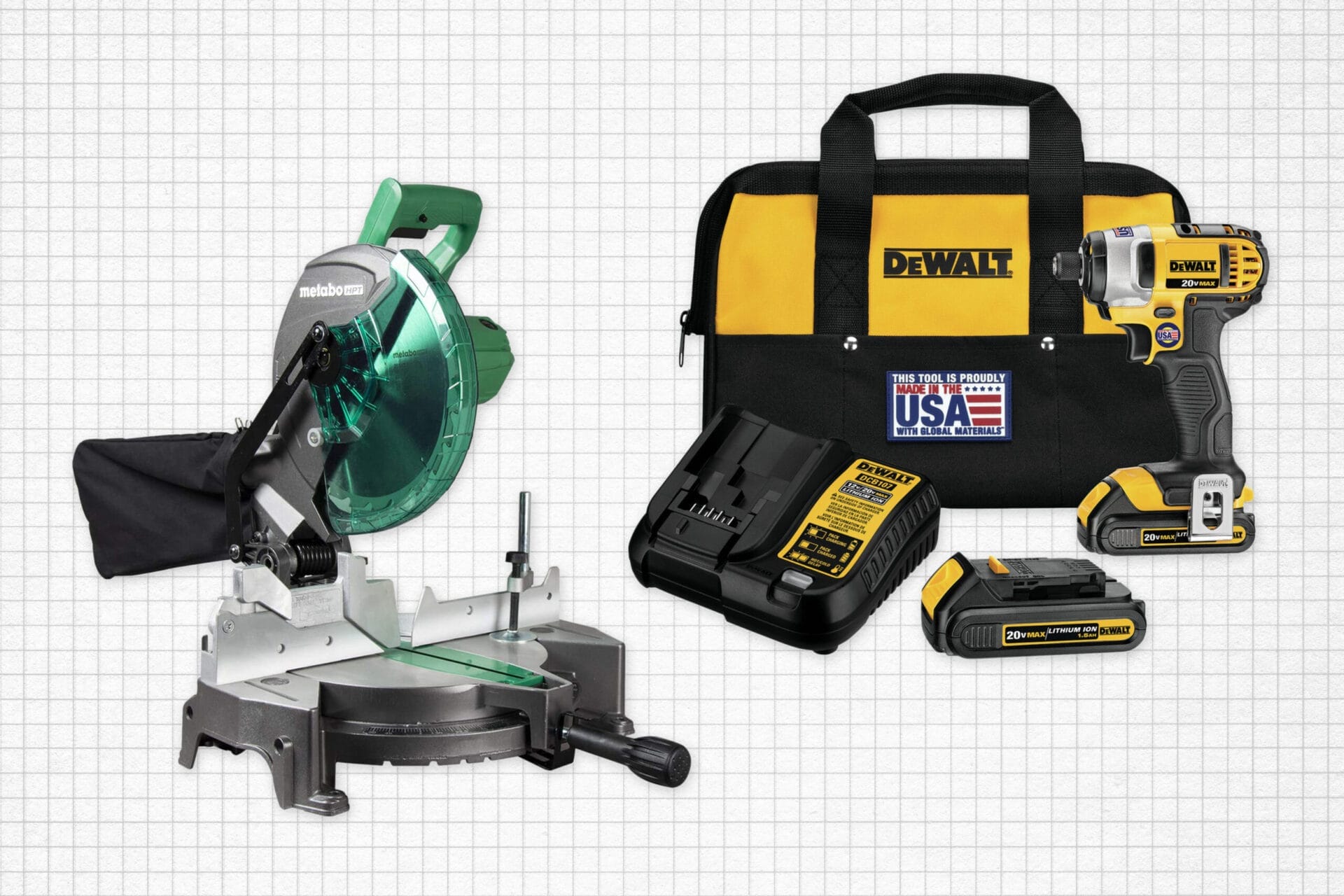 Dewalt 20V Max impact driver kit and Metabo circular table against a grey graph paper background. Lead image for best tools guide.